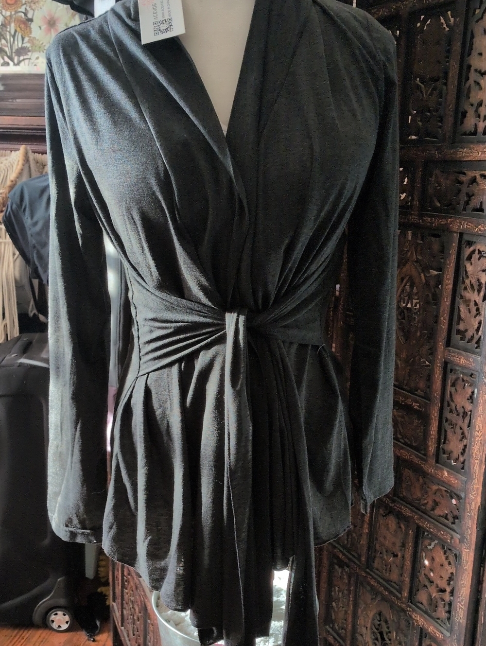 Women's Dark Gray Tie-Front Long Sleeve Top